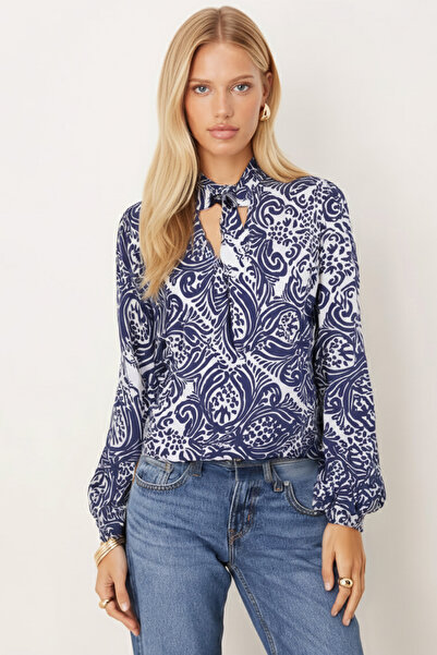 armonika Women's Navy Blue-White Tie-Collar Elastic Sleeve Blouse Arm-25K001096