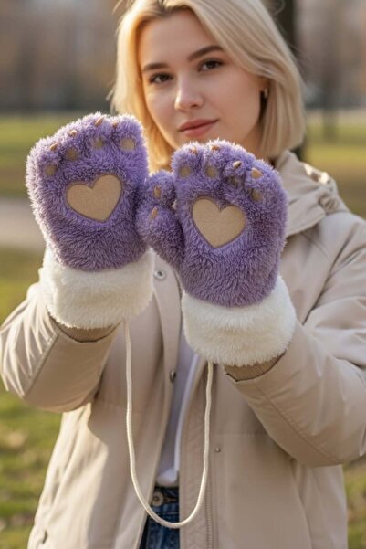 TAKIŞTIR Purple and White Color Paw Figured Hanging Plush Gloves