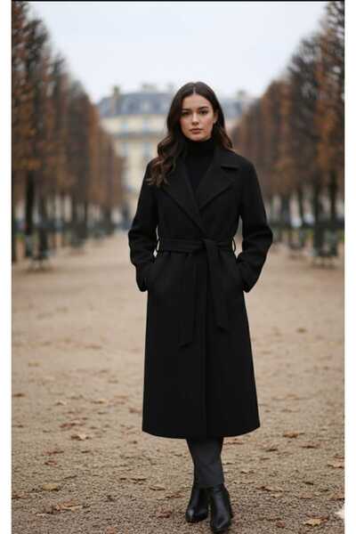 güncüoğlu Black Buttoned Waist Belted Kru Double-Breasted Shirt Coat