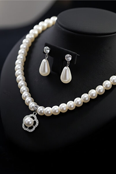 OSMANLI GÜMÜŞ Kadın İnci Kolye Küpe Set - Helena Model Çiçek Motifli Kadın İnci Set