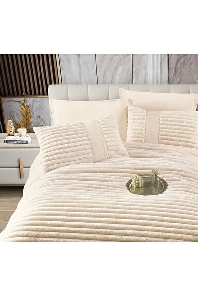 JOJO HOME Double bed linen with elastic and duvet included, faux rabbit fur, 6 pieces, Cream