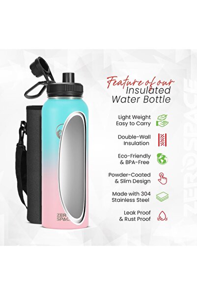 Generic ZeroSpace Stainless Steel Water Bottle, 1200ml Insulated with 3 Lids, Straw & Brush (Green/Pink)