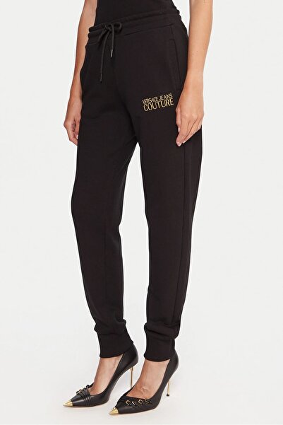 Versace Women's Regular Fit Embroidered Letter Logo Elasticated Cuffs Sweatpants - Black/Gold Yellow