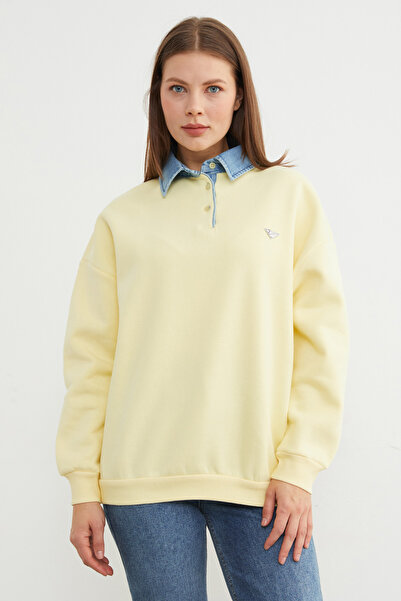 Fulla Moda 3 İplik Kot g Paneled Sweatshirt with Metal Accessories