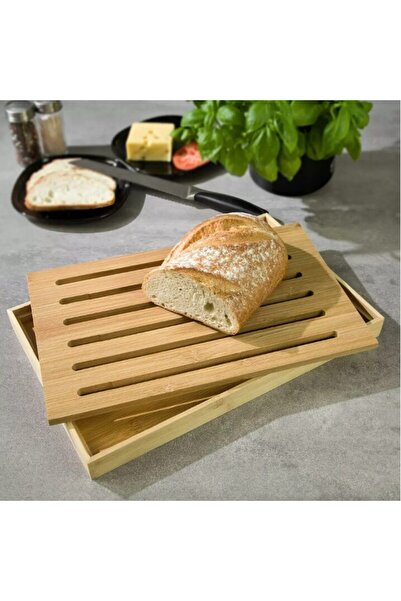Kinghoff Tocator din bambus, pentru paine, cu tava, 37 x 23,5 x 3 cm,