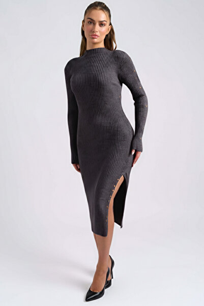 armonika Women's Anthracite Knit Dress with Slit Staple Detail on the Side Arm-26K136072