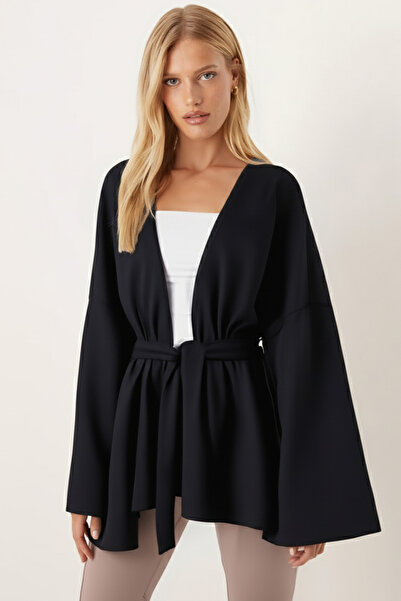 armonika Women's Black V-Neck Belted Cashmere Kimono Arm-26K001049