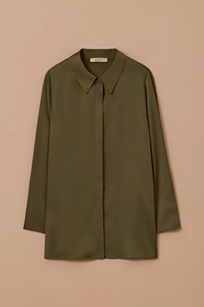 Galaxia Women's Plus Size Buttoned Satin Shirt - Khaki