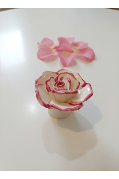 Karan Porselen Button Rose Handle Handmade, Drawer, Cloakroom, Wardrobe Handle Pink