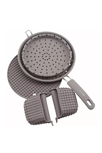 KASSEL Set 4 accesorii bucatarie din silicon, strecuratoare, manusi si suport vase calde,