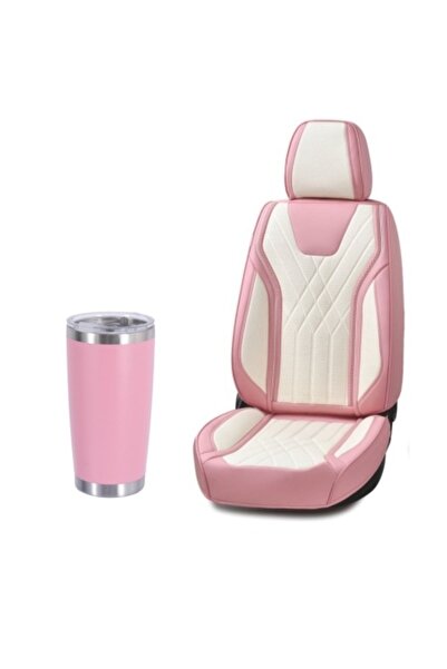 DELUXETUNING Set huse universale pentru scaune auto, piele roz/alb, lux