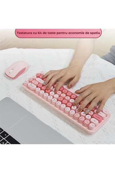 Timebox Wireless Keyboard & Mouse Set 2.4G, 1200 DPI, Retro Round Keys, 68-Key, Silent, Laptop/PC, Pink