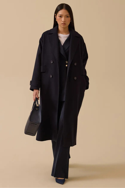 SEÇİL Women's Double-Breasted Oversized Cashmere Coat - Navy Blue