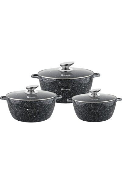 goldmann Set de 3 oale cu capace de sticlă, 20/24/28 cm, 2,3/4,5/6,5 L, aluminiu turnat cu strat de marmură