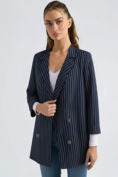 armonika Women's Navy Blue Oversized Double Sleeve Double-Breasted Collar Lined Blazer Jacket Arm-26K001052