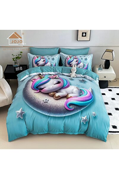 JOJO HOME Bedding set, 5D print, with elastic, 140x200cm, 4 pieces, Sleepy unicorn, Turquoise