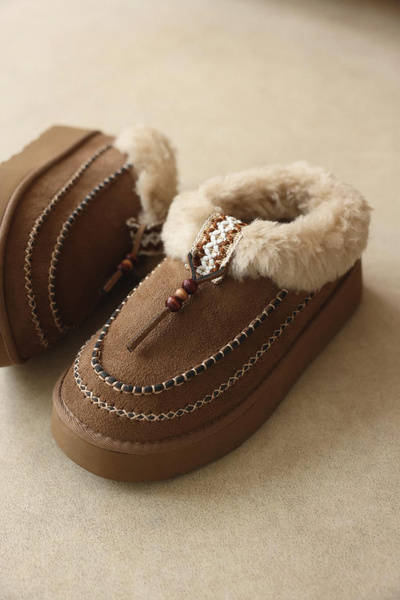 LUTVELIZADE Bot 2523 - İçi Kürklü Boncuk İşlemeli Vizon Süet Kadın Bot