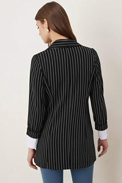 armonika Women's Black Oversized Double Sleeve Double-Breasted Collar Lined Blazer Jacket Arm-26K001052