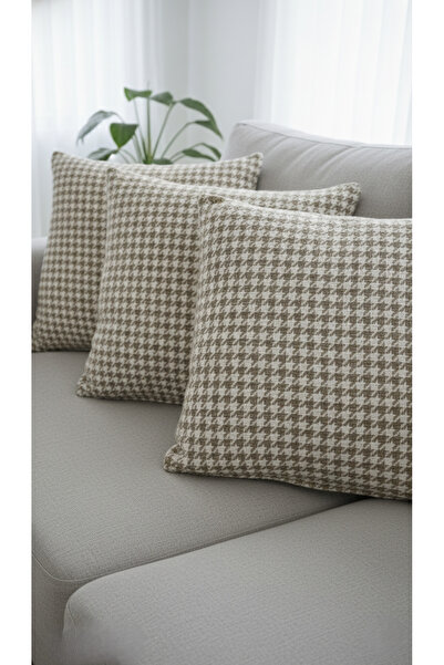 shopshop Milk Coffee Houndstooth Patterned Decorative 4-Piece Throw Pillow Cover and Tasseled Runner Cover Set 5 Pieces