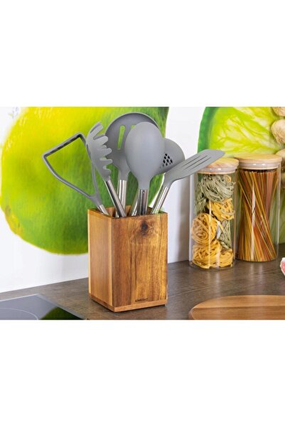 Kinghoff 7-piece kitchen utensil set with container, silicone, stainless steel, acacia wood, gray,