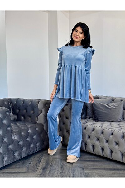 RAMONA BADESCU EXCLUSIVE Trening din catifea fină cu bluza evazată și volane ...