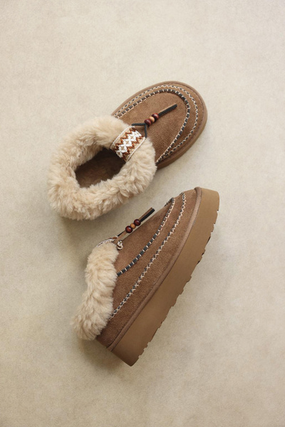 LUTVELIZADE Bot 2523 - İçi Kürklü Boncuk İşlemeli Vizon Süet Kadın Bot