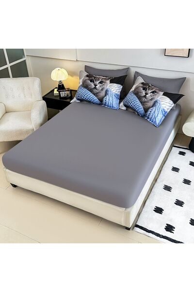 JOJO HOME Bedding set, 5D print, with elastic, 140x200cm, 4 pieces, Cat, Gray