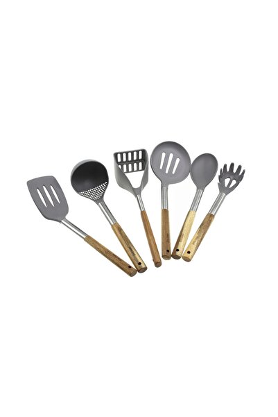 Kinghoff 7-piece kitchen utensil set with container, silicone, stainless steel, acacia wood, gray,