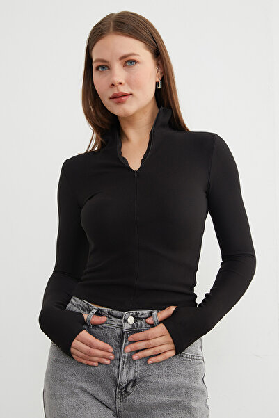 Fulla Moda Μπλούζα με ραβδωτό γιακά με φερμουάρ