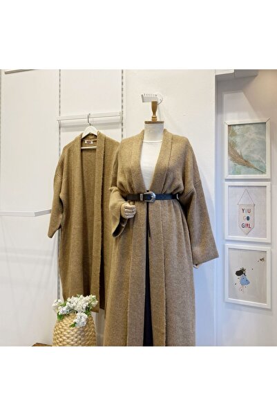 Faya Boutique Ζακέτα Πλεκτή Μακριά Χαλαρή Φαρδιά Καμελένια Χρώματος