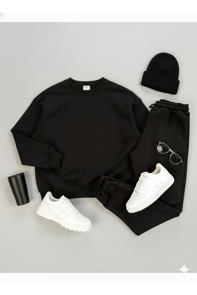 KVİNS Unisex Basic Σετ Φόρμας με Λαιμόκοψη Ποδηλάτου - Βαμβακερό Φούτερ Overs...