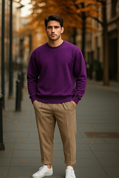 COMBİNE MİCHAİL Men's Casual Basic Purple Loose Sweater