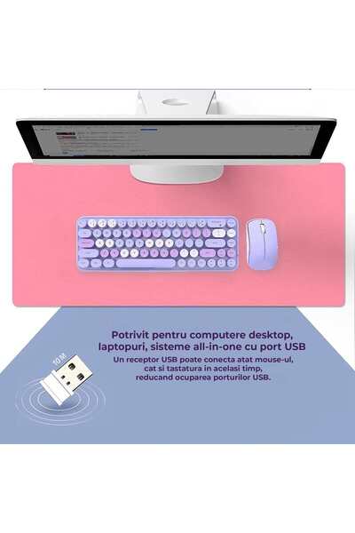 Timebox 2.4G Wireless Keyboard & Mouse Set, 1200 DPI, Retro Round Keys, 68-Key, Silent, Laptop/PC, Purple