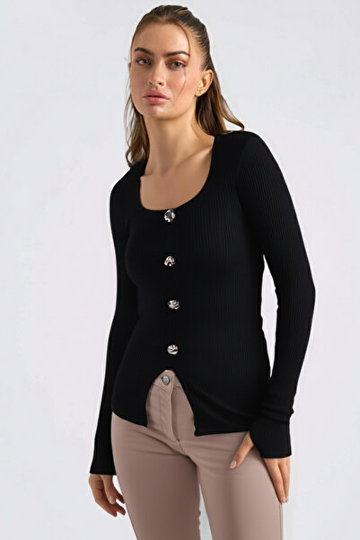 armonika Women's Black U Neck Button Detailed Front Slit Soft Textured Blouse Arm-26K001038