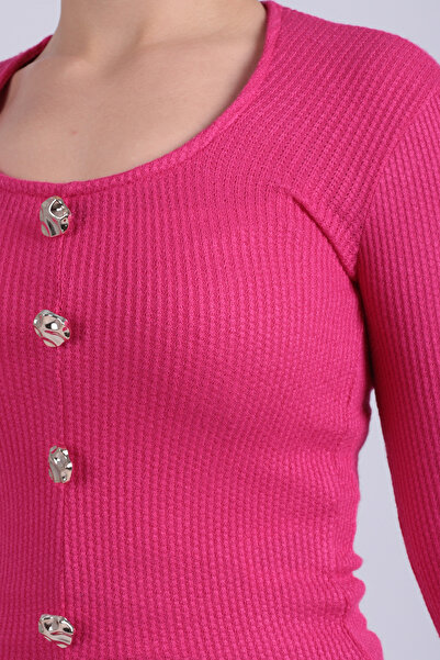 armonika Women's Fuchsia U Neck Button Detailed Front Slit Soft Textured Blouse Arm-26K001038