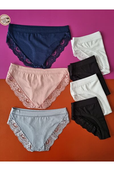 Demirsa Boutique Dantelli, Piped Detail Navy Blue, Powder, Blue, 2 White and 2 Black Colors 7-Piece Modal Women's Bikini Panties