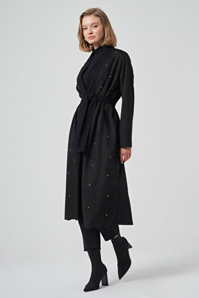 Nuss Beaded Knitwear Belt Detail Suede Cap Jacket 6001 Black