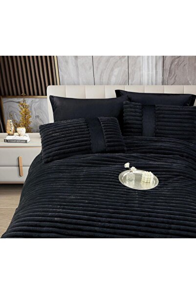 JOJO HOME Double bed linen with elastic and duvet included, faux rabbit fur, 6 pieces, Black
