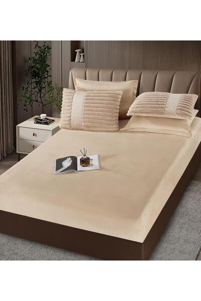 JOJO HOME Double bed linen with elastic and duvet included, faux rabbit fur, 6 pieces, Beige