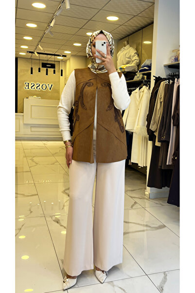 Vosse Moda İlgi Kahverengi İşlemeli Süet Yelek