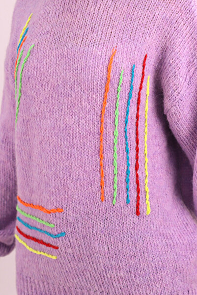 armonika Pulover tricotat cu detaliu din frânghie de culoare liliac pentru femei ARM-26K136073