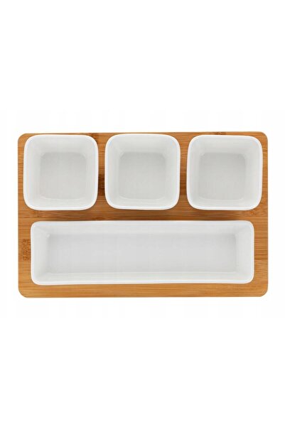 Florentyna Porcelain serving bowl set with bamboo stand, 4 pieces, white, Florina