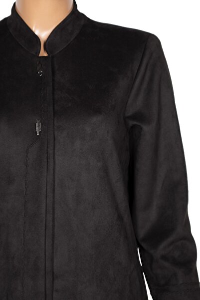 HESNA Women's Serez Plus Size Suede Side Pocket Winter Black Overcoat