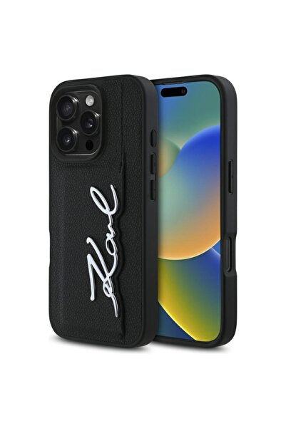 Karl Lagerfeld Husă pentru iPhone 16 Pro, piele rigidă, neagră