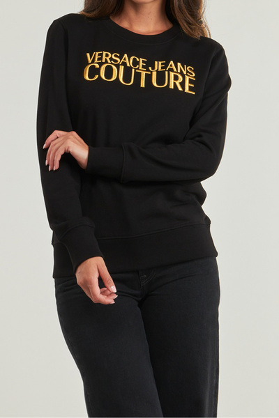 Versace Women's Regular Fit Gold Embroidered Letter Logo Crew Neck Sweatshirt - Black
