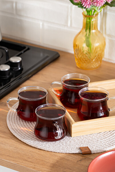 Porsima Borosilikat Isıya Ateşe Dayanıklı Cam Kulplu 4lü Çay Bardağı Kahve Bardak Seti Kupa Şeffaf 250ml