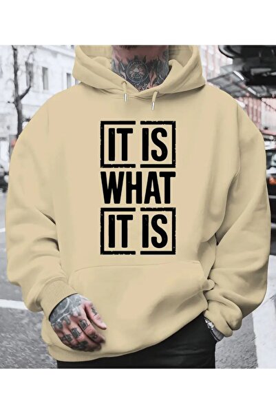 herkesemoda It's What Printed Hooded Beige Sweatshirt