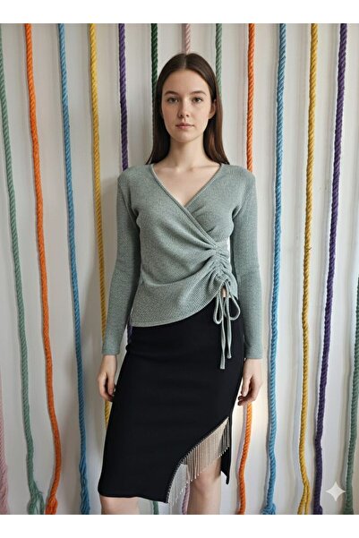 HOFY 1587 بأزرار على الجهتين بلوزة تريكو ناعمة بتفاصيل أربطة