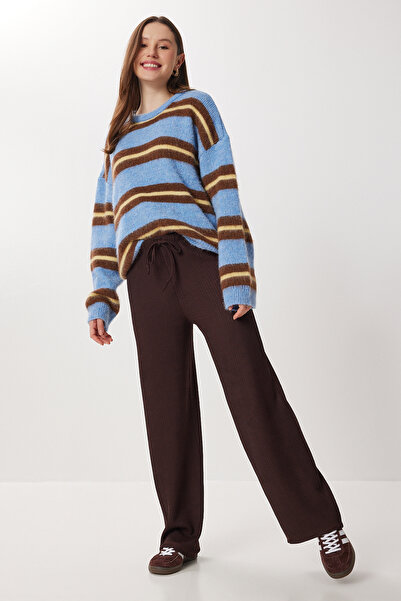 Lovelyİstanbul Geniş Paça Krinkıl Örme Pantolon LCI0057 KAHVERENGİ