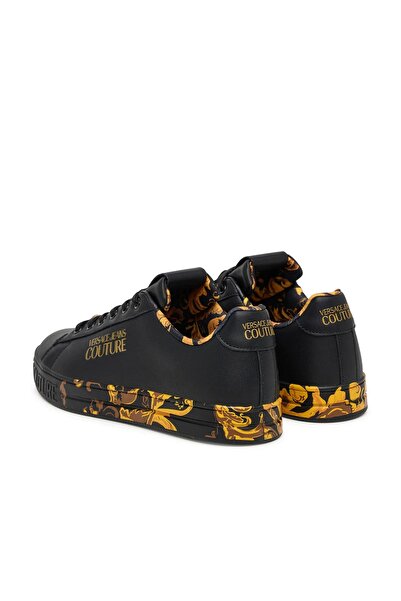 Versace Women's Fondo Court 88 Dis. Skl Sole Sneaker with Baroque Pattern and Letter Logo - Black/Gold Yellow